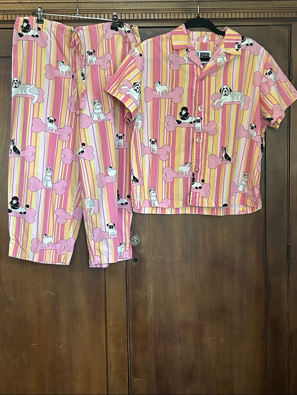 Pink Striped Dog Print Cotton Panama Set